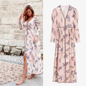 Zara Limited Edition Floral Printed Maxi Dress Puff Sleeve Pink Purple Sizs L